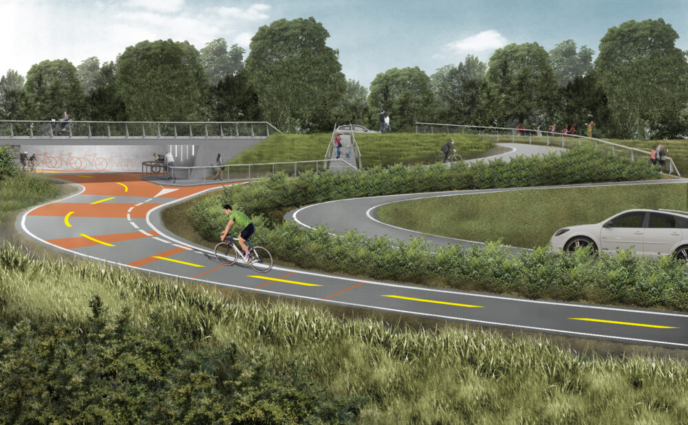 Illustrasjonsbilde viser sykkelstamvegen ved påkjøringsrampe og undergrunn ved Auglendsveien