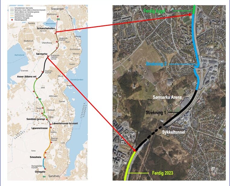 E39 Sykkelstamvegen, Schancheholen - Sørmarka - Bildet viser strekningen tegnet inn på kart