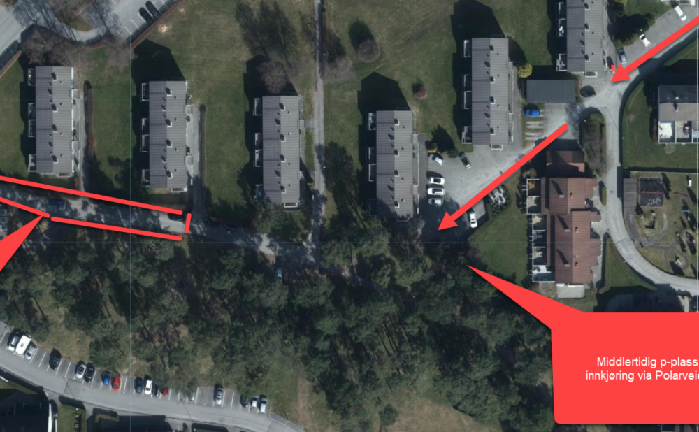 Til venstre i bildet er markert område av Sverre Hasselsvei som blir stengt og til høyre markert midlertidig parkering og innkjøring via Polarveien.