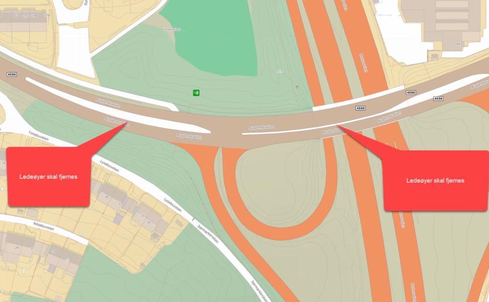 Bildet viser avkjøring Auglendsveien til motorveien og markert arbeid som vil pågå nattestid.