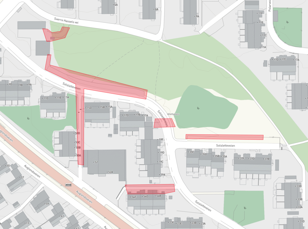 Markert områder som skal asfalteres på kartet.
