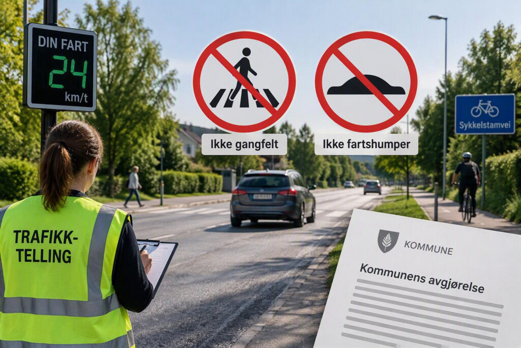Illustrasjonsbilde - AI generert - Fartsmåling - trafikktelling - ikke gangfelt - ikke fartshumper.