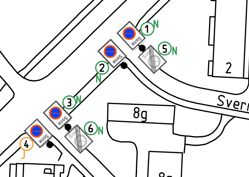 Kart illustrasjon fra skilting av parkering forbudt sone ved innkjøringer.